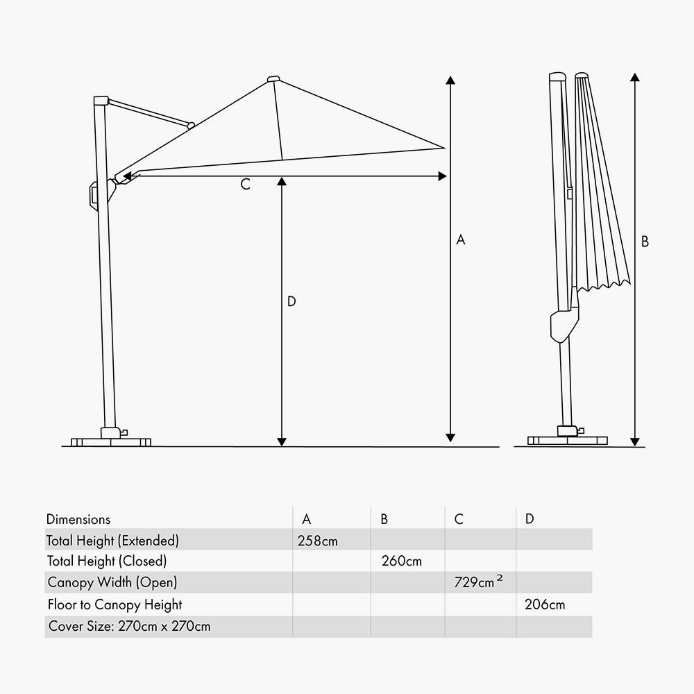 Voyager T2 2.7m Square Free Arm Parasol