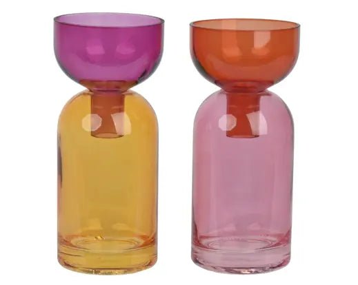 2 Piece Yellow, Purple, Pink & Orange Clear Glass Vases (21x10cm)