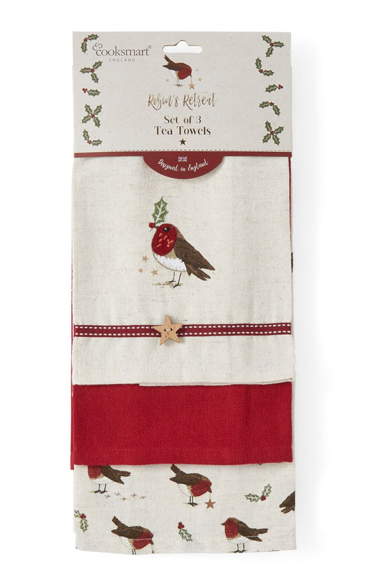 Cooksmart Xmas Robins Retreat Tea Towels (Pack of 3)
