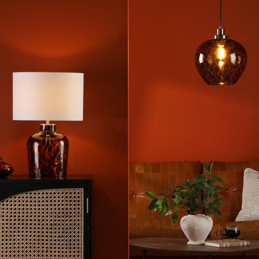 Dar Leandra Dual Light Table Lamp Tortoiseshell Glass With Shade - Rejects Department Store
