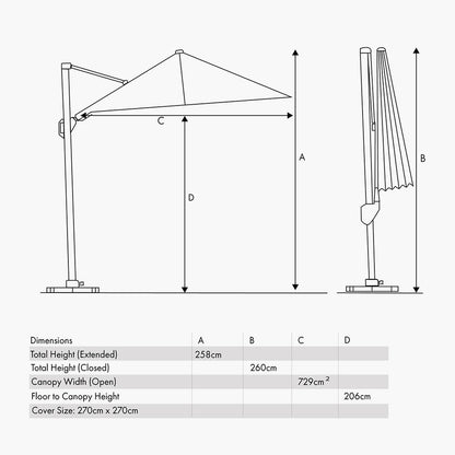 Voyager T2 2.7m Square Free Arm Parasol