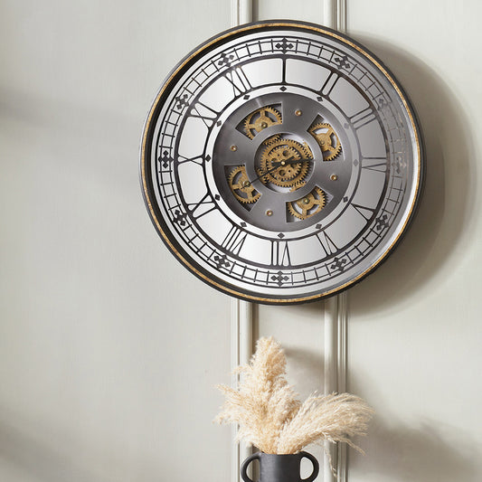 Antique Gold Wood and Mirror Working Cog Wall Clock