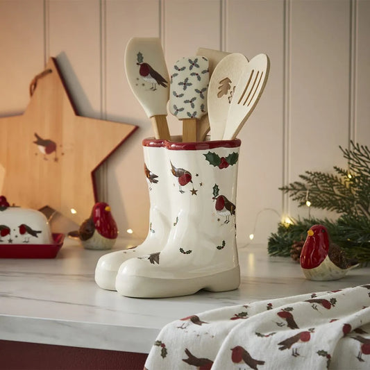 Cooksmart Xmas Robins Retreat Wellies Utensil Pot