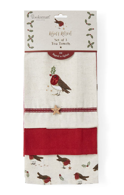 Cooksmart Xmas Robins Retreat Tea Towels (Pack of 3)