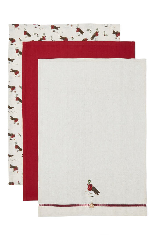 Cooksmart Xmas Robins Retreat Tea Towels (Pack of 3)
