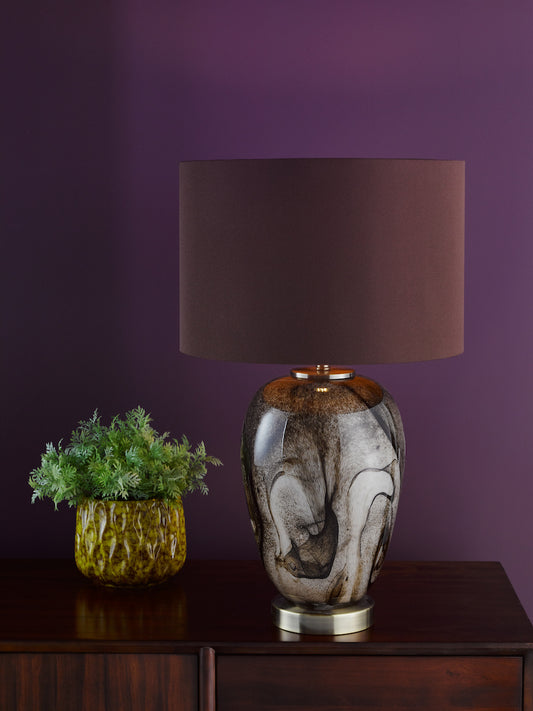 Dar Egas Table Lamp Brown Marble Effect Glass and Antique Brass With Shade