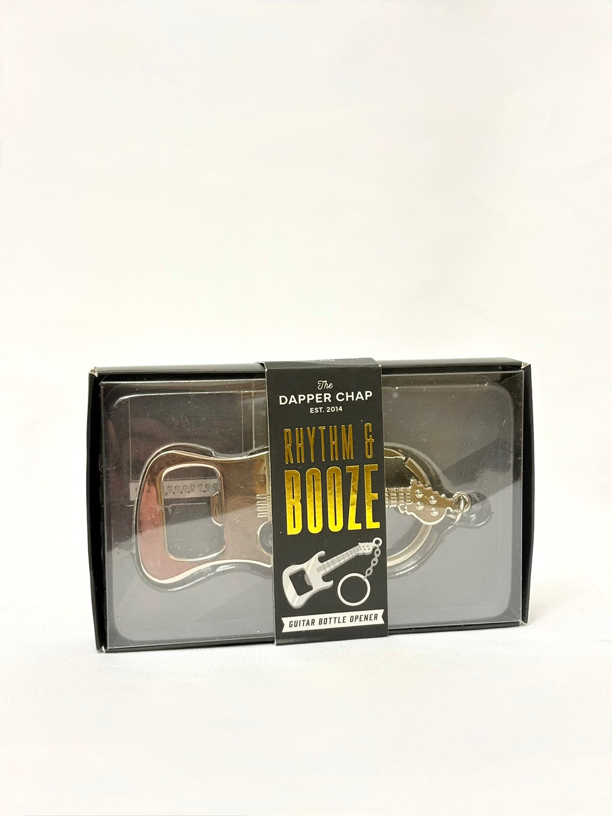 Rhythm & Booze Guitar Bottle Opener Keychain