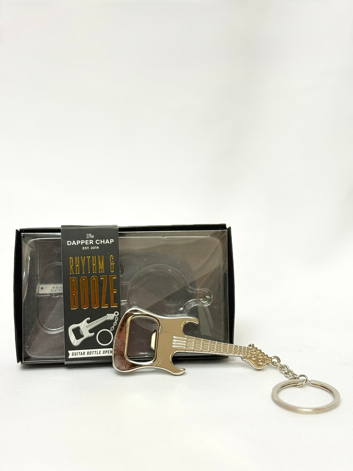Rhythm & Booze Guitar Bottle Opener Keychain