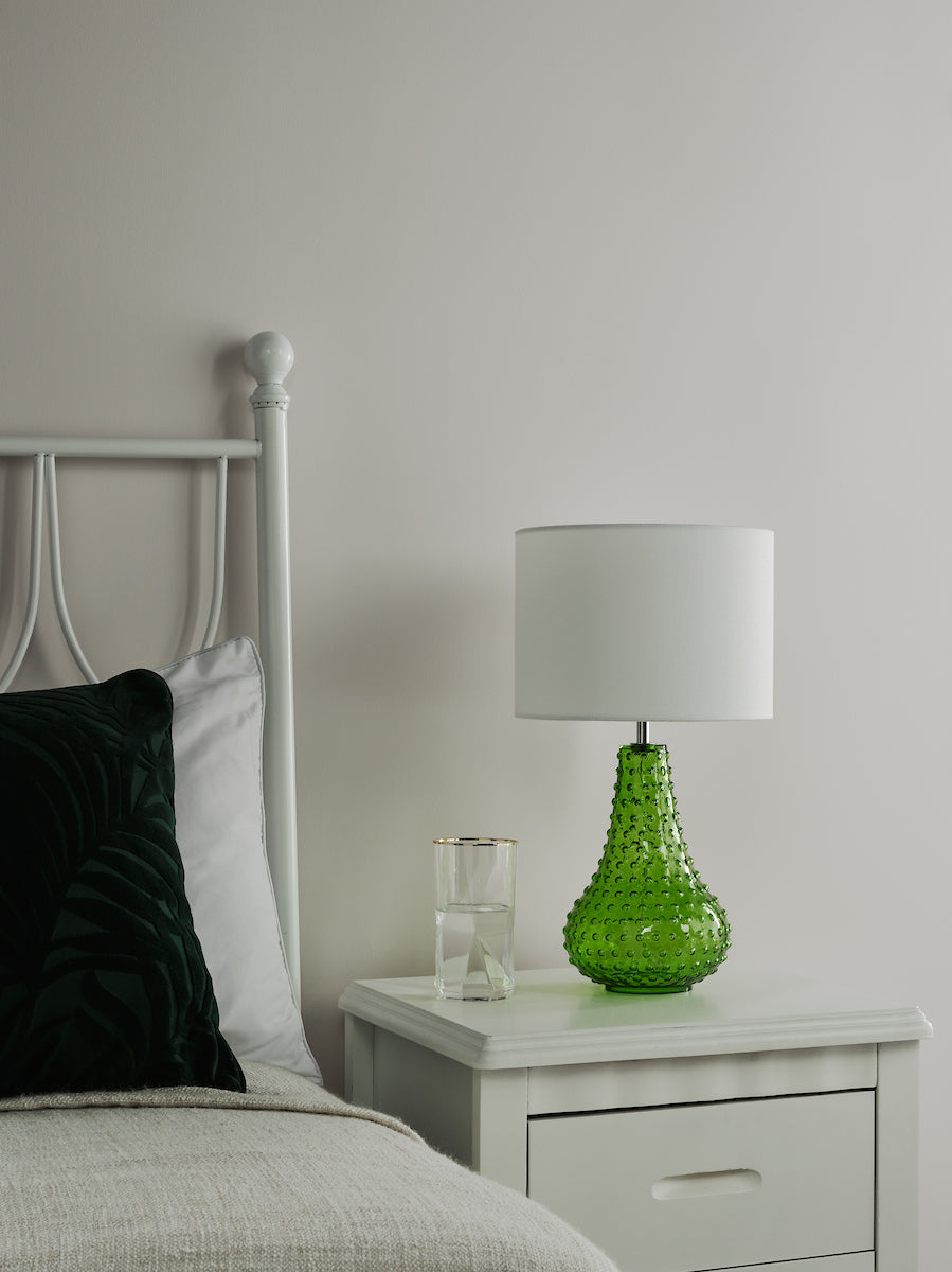 Green Glass Table Lamp - Dar Kristina Vintage Hobnail with White Shade