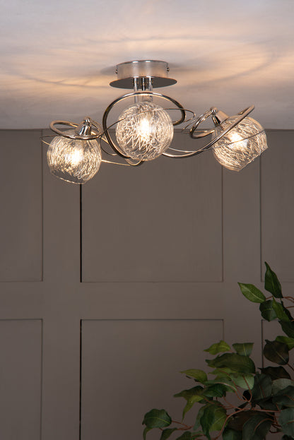 Dar Rehan 3 Light Semi-Flush Polished Chrome and Ribbed Glass