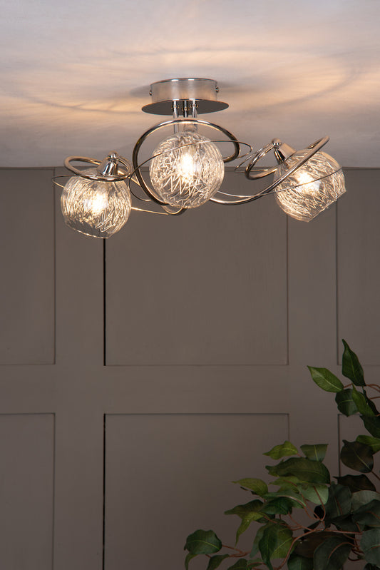 Dar Rehan 3 Light Semi-Flush Polished Chrome and Ribbed Glass