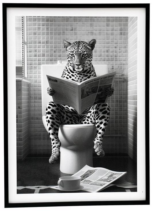 Leopard on Toilet Framed Canvas