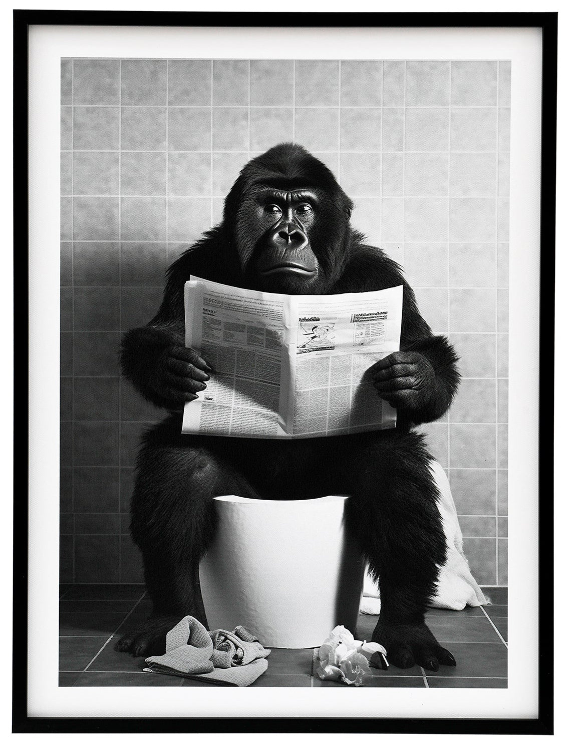 Monkey on Toilet Framed Canvas