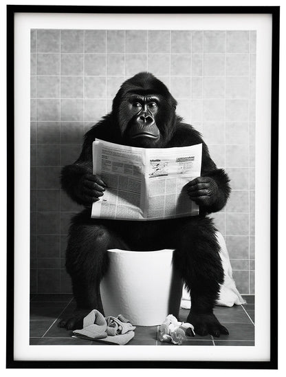 Monkey on Toilet Framed Canvas