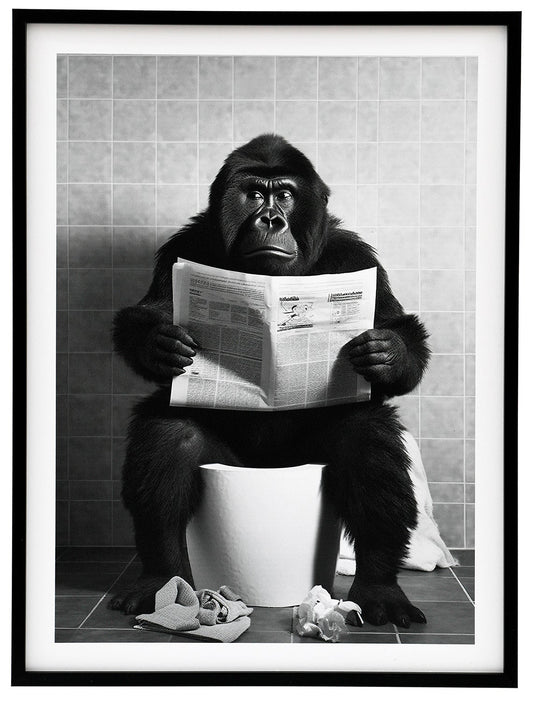 Monkey on Toilet Framed Canvas