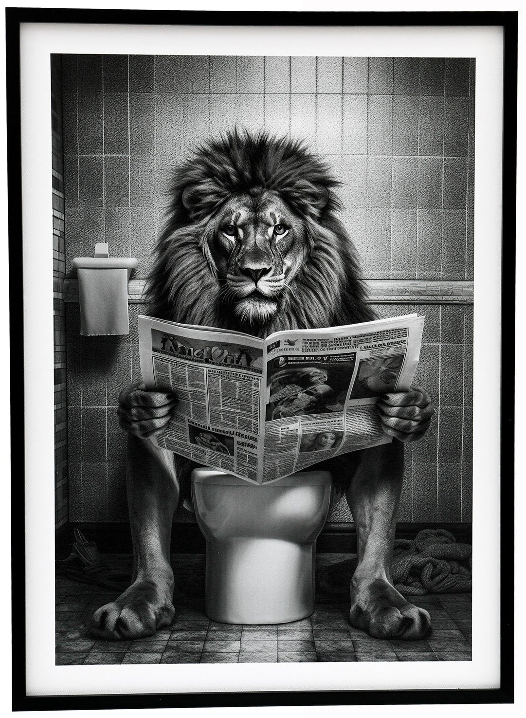 Lion on Toilet Framed Canvas