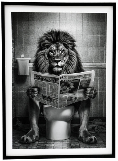 Lion on Toilet Framed Canvas
