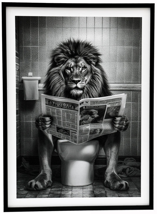 Lion on Toilet Framed Canvas