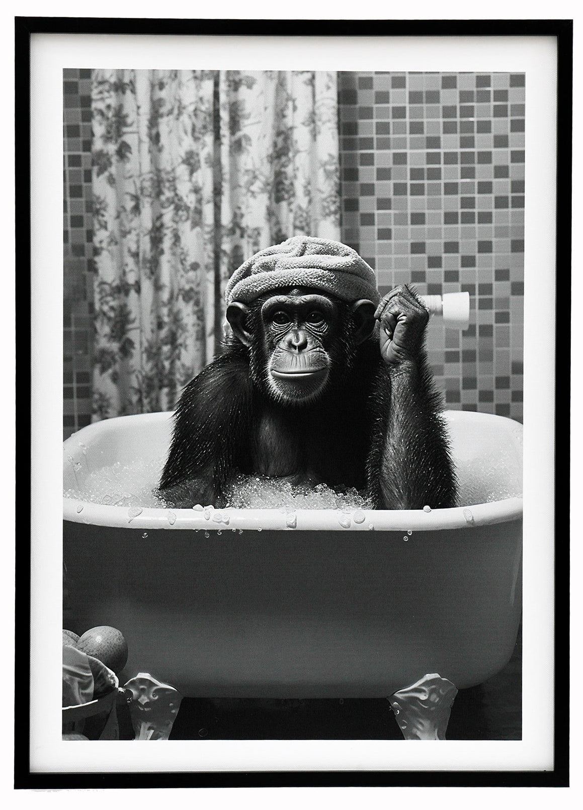 Monkey in Bath Framed Canvas