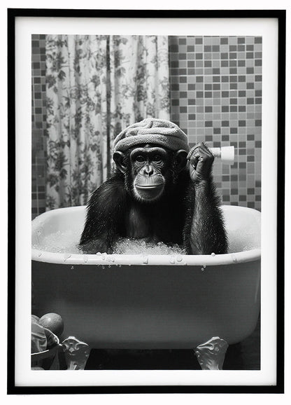 Monkey in Bath Framed Canvas