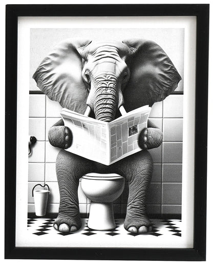 Elephant on Toilet Framed Canvas