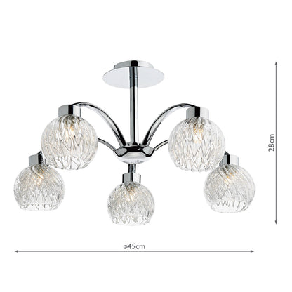 Dar Yasmin 5 Light Semi-Flush Polished Chrome and Ribbed Glass